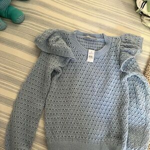 Ruffle shoulder eyelet sweater